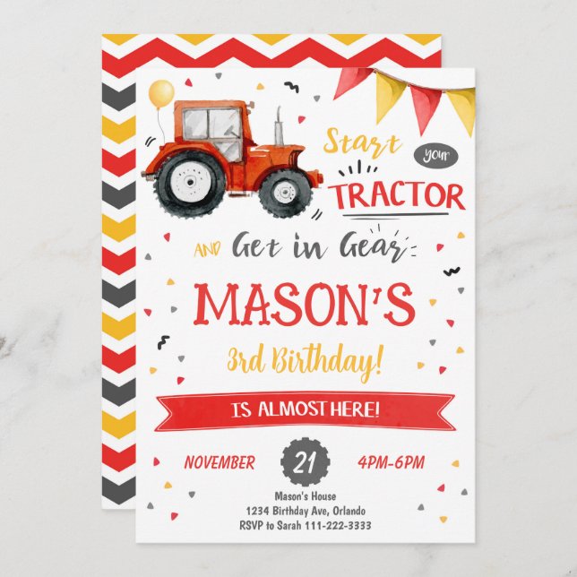Red Tractor Birthday Invitation (Front/Back)