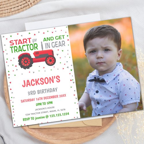 Red Tractor Birthday Invitations with photo