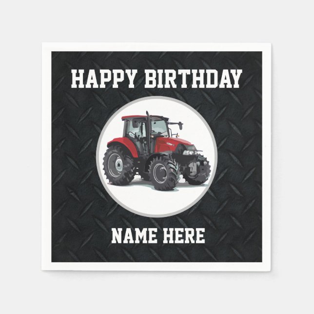 Red Tractor Birthday Name Farming Farmer Napkins (Front)