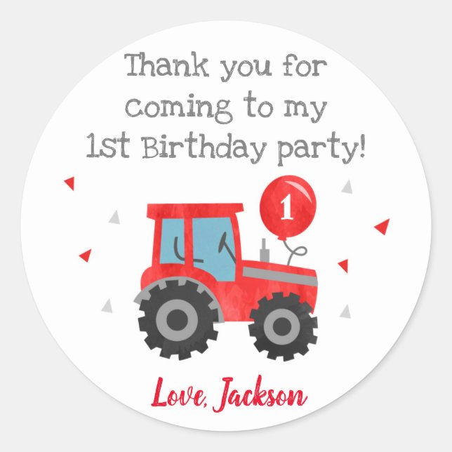 Red Tractor Birthday Party Favor Stickers Labels (Front)