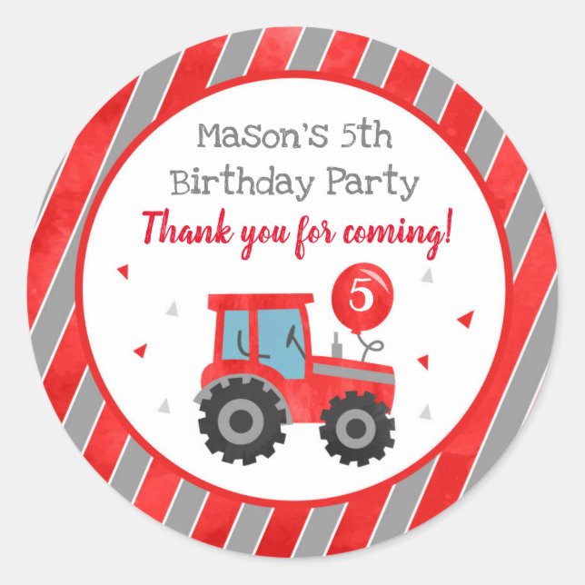 Red Tractor Birthday Party Favor Stickers Labels (Front)