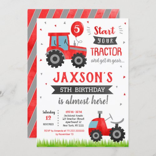 Red Tractor Birthday Party Invitation