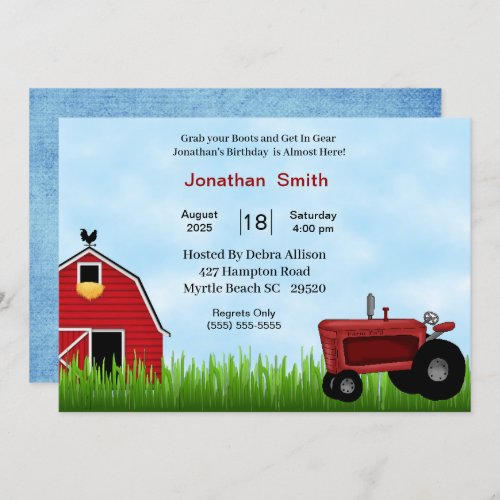 Red Tractor Birthday Party Invitation