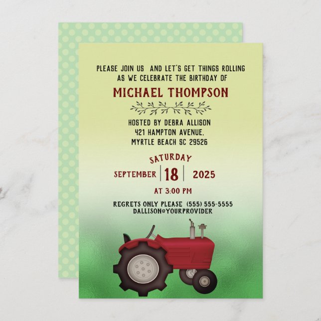Red Tractor Birthday Party Invitation (Front/Back)