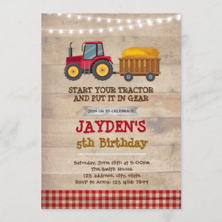 Red tractor birthday party invitation
