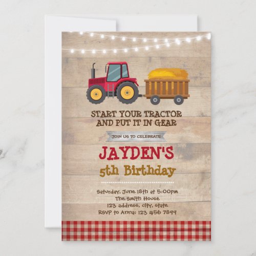 Red tractor birthday party invitation