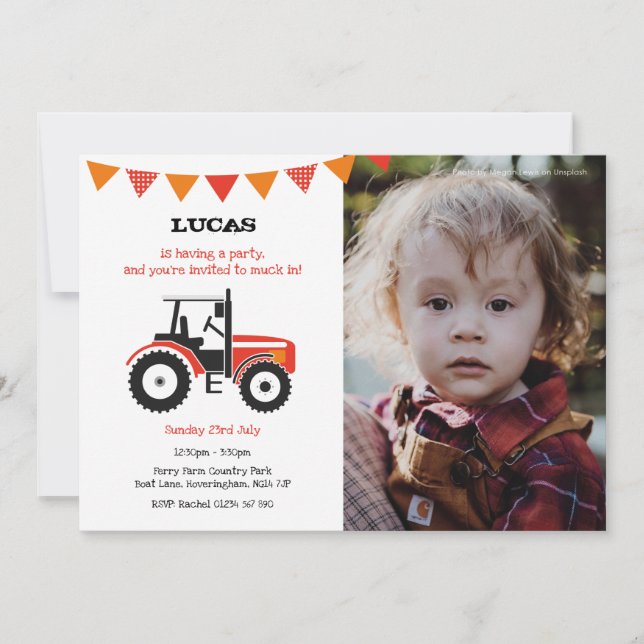 Red Tractor Birthday Party Invite With Photo (Front)