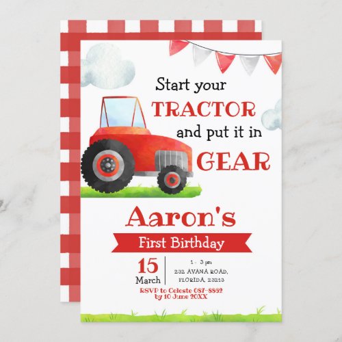 Red Tractor Boy Birthday Invitation