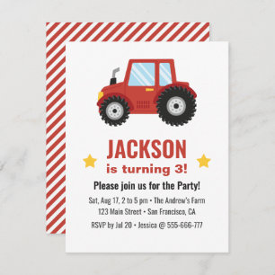 Red Tractor Boys Birthday Party Invitation