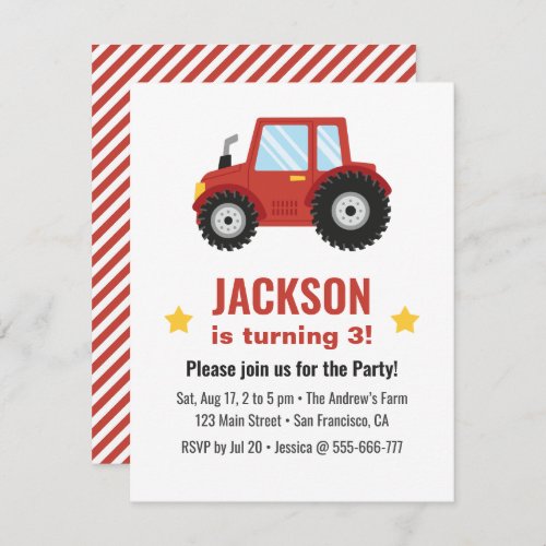 Red Tractor Boys Birthday Party Invitation