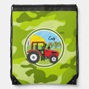 Red Tractor; bright green camo, camouflage Drawstring Bag