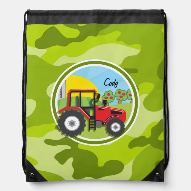 Red Tractor; bright green camo, camouflage Drawstring Bag (Front)