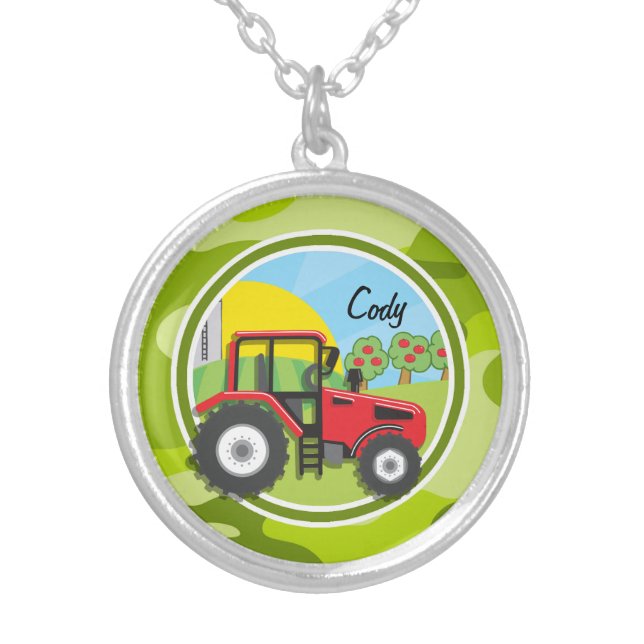 Red Tractor; bright green camo, camouflage Silver Plated Necklace (Front)