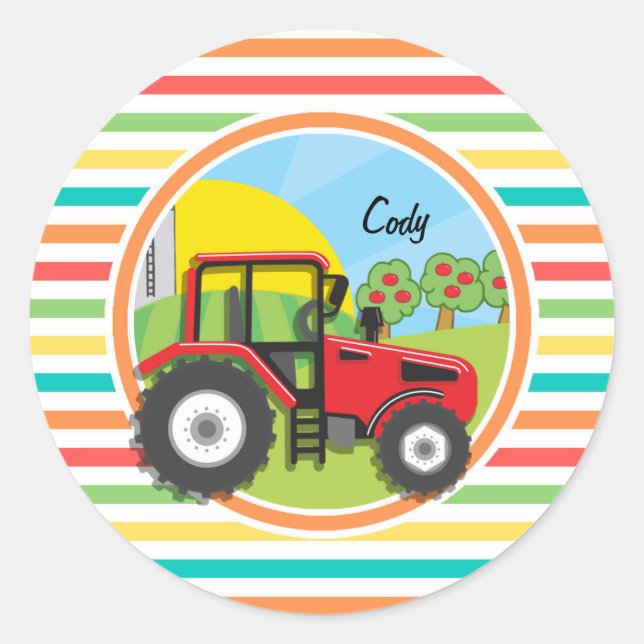 Red Tractor; Bright Rainbow Stripes Classic Round Sticker (Front)