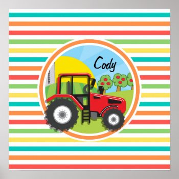 Red Tractor; Bright Rainbow Stripes Poster by doozydoodles at Zazzle