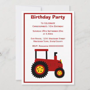Red Tractor Design Personalised Birthday Party Invitation