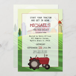Red Tractor Farm 5th Birthday Party Invitation
