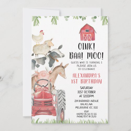 Red Tractor Farm Animals 1st Birthday Invitation