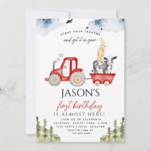 Red Tractor Farm Animals 1st Birthday Party boy  Invitation