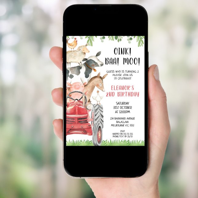 Red Tractor Farm Animals 2nd Birthday Invitation (Front Digital)