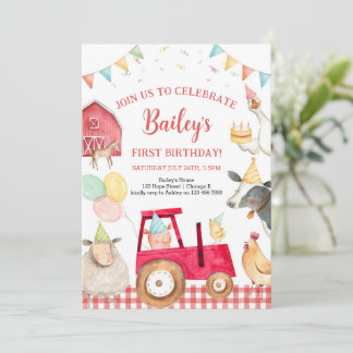 Red Tractor Farm Animals Barnyard 1st Birthday Invitation