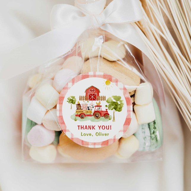 Red tractor farm animals birthday classic round sticker (Creator Uploaded)