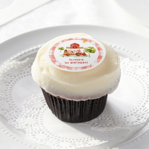 Red tractor farm animals birthday edible frosting rounds