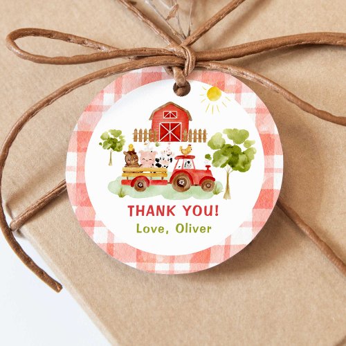 Red tractor farm animals birthday favor tags
