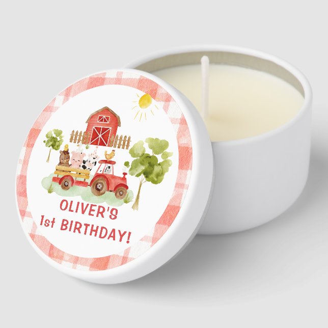Red tractor farm animals birthday mini candle favors (Corner)