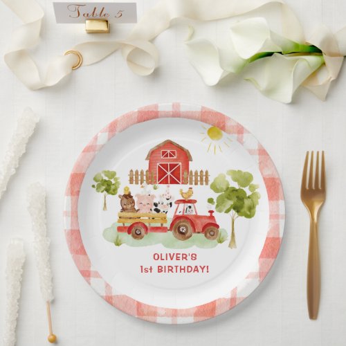 Red tractor farm animals birthday paper plates