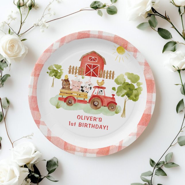 Red tractor farm animals birthday paper plates (Creator Uploaded)
