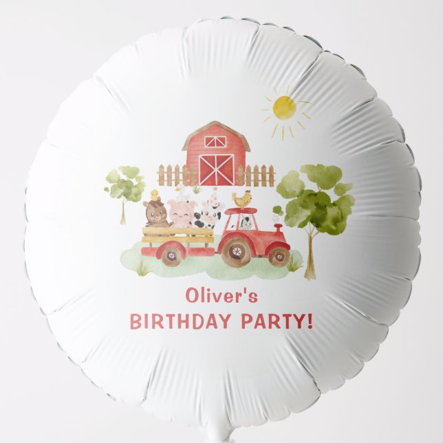 Red tractor farm animals birthday party balloon (Front)