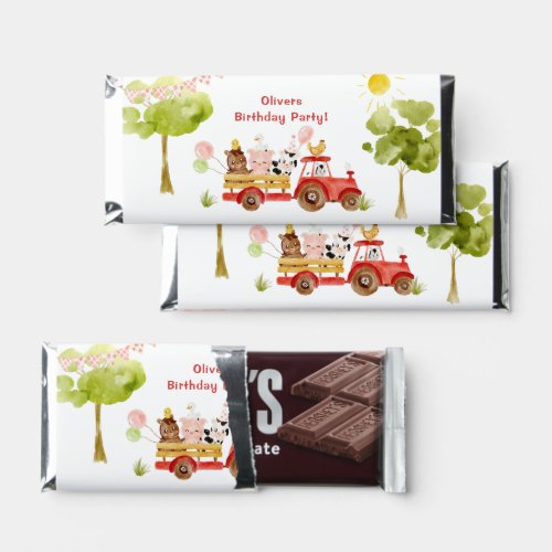 Red tractor farm animals birthday party hershey bar favors