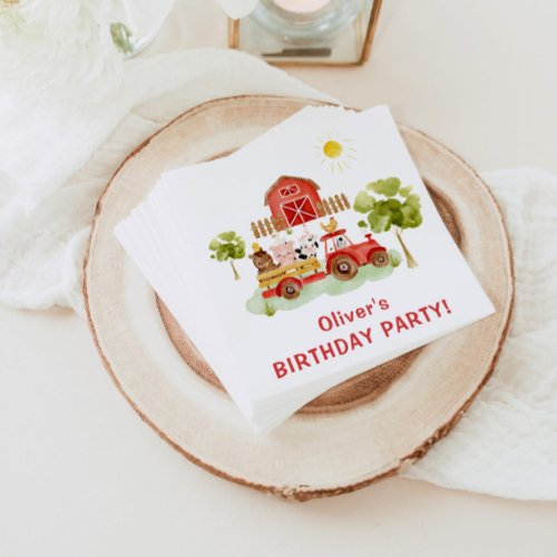 Red tractor farm animals birthday party napkins