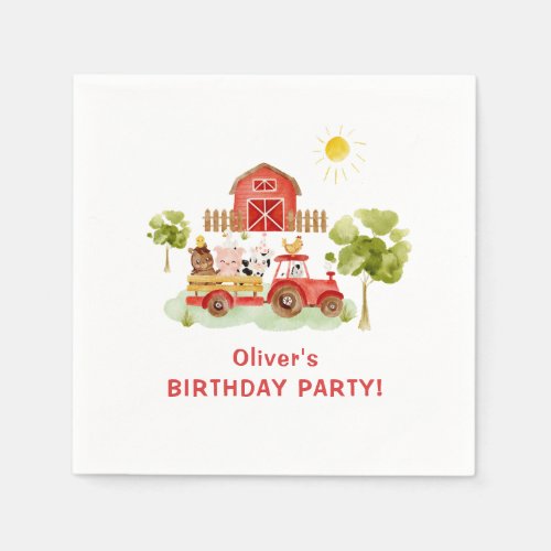 Red tractor farm animals birthday party napkins
