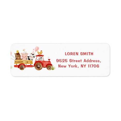 Red tractor farm animals birthday return address label