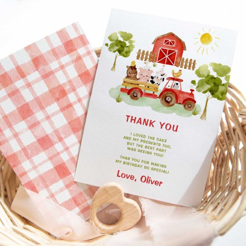 Red tractor farm animals birthday thank you card