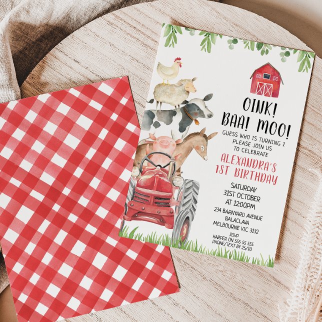 Red Tractor Farm Animals Oink Baa Moo 1st Birthday Invitation (Cute red tractor and farm animals first birthday invitation featuring some cute farmyard animals.)