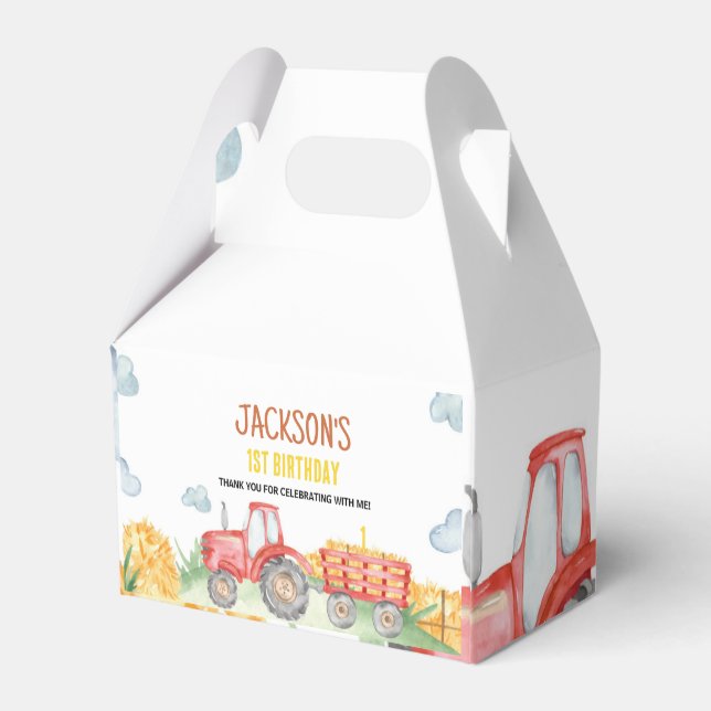 Red tractor Farm Birthday Party Favor Box (Back Side)