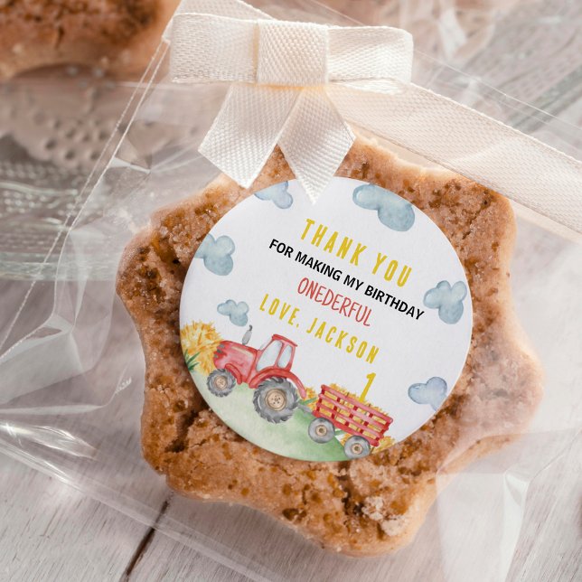 Red Tractor Farm Birthday Party Favor Labels (Creator Uploaded)
