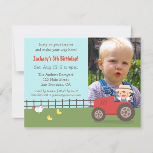 Red Tractor Farm Birthday Party Photo Invitations