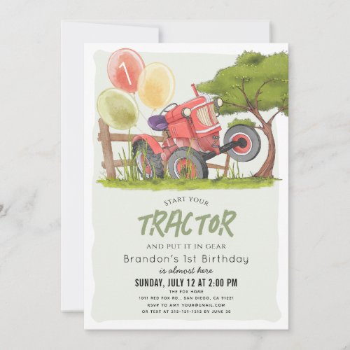 Red Tractor Farm Boy 1st Birthday Invitation