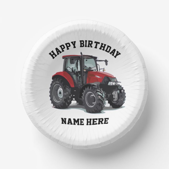 Red Tractor Farming Birthday Agriculture Farm Paper Bowls (Front)