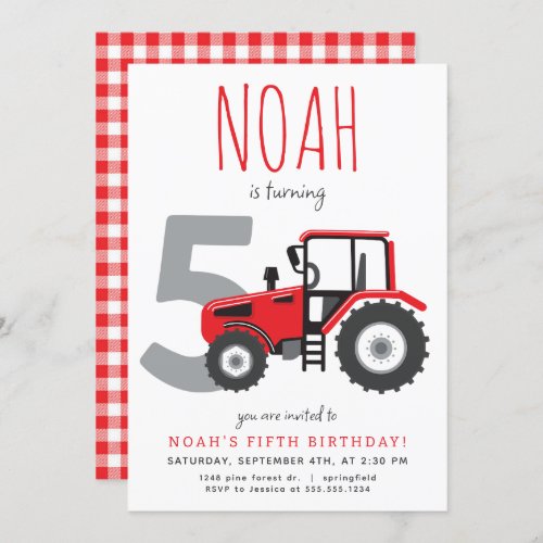 Red Tractor Fifth Birthday Invitation