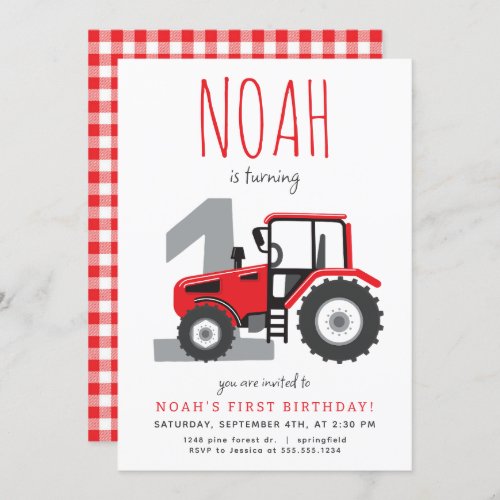 Red Tractor First Birthday Invitation