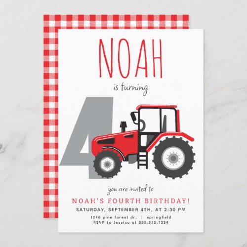 Red Tractor Fourth Birthday Invitation