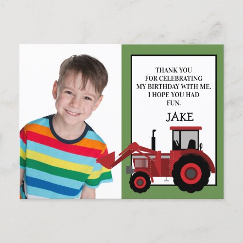 Red Tractor Green Birthday Photo Thank You Postcard