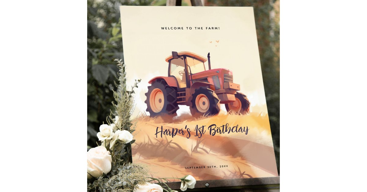 Red Tractor Kids Birthday Farm Welcome Sign | Zazzle