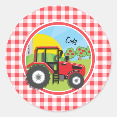 Red Tractor on Red and White Gingham Classic Round Sticker