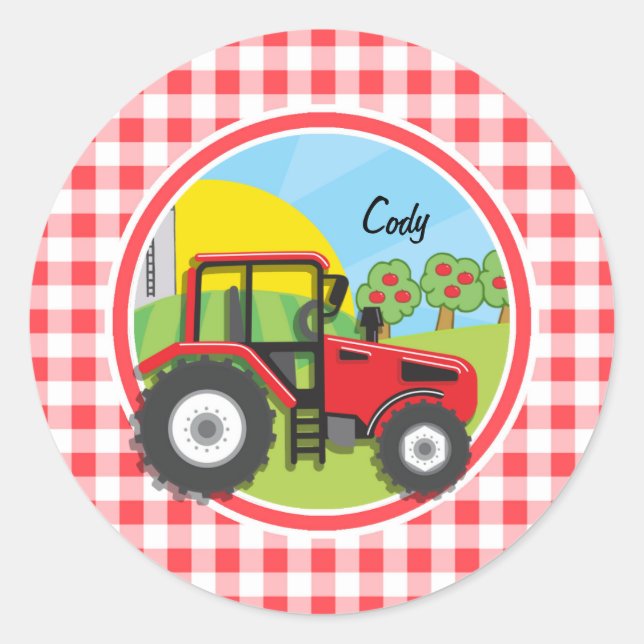 Red Tractor on Red and White Gingham Classic Round Sticker (Front)